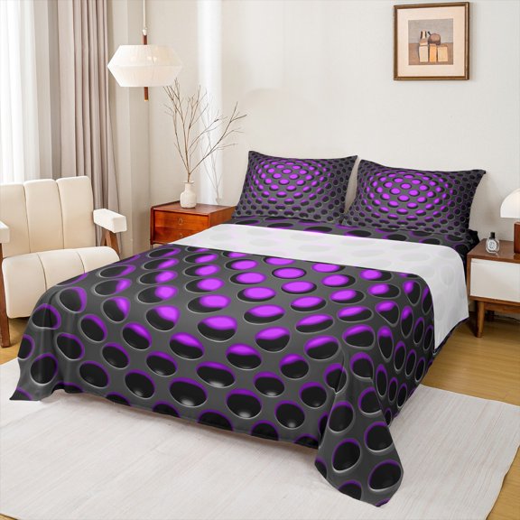 Erosebridal Black And Purple Sheet Set Full 3D Neon Geometric Bedding Sets Teen Women,Abstract Geometry Honeycomb Bed Sheets Soft Breathable Fitted Sheet For All Season,2 Pillow Cases