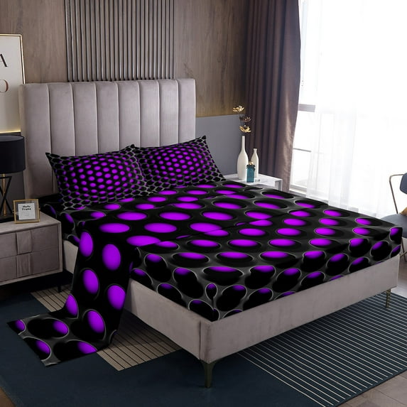 Erosebridal Black And Purple Sheet Set Twin 3D Neon Geometric Bedding Sets Teen Women,Abstract Geometry Honeycomb Bed Sheets Soft Breathable Fitted Sheet For All Season,1 Pillow Case