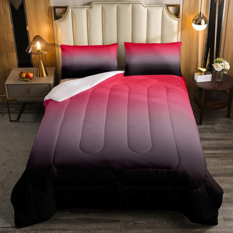 YST Black Red Comforter Set Queen Ombre Bedding Set for Kids Boys Girls