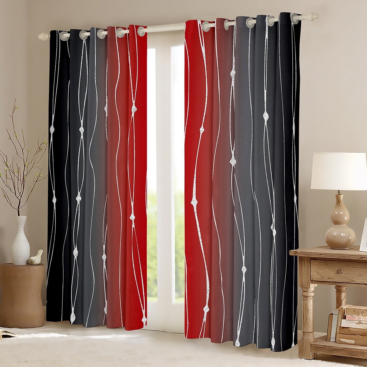 Black and Red Ombre Curtains Aesthetic Geometric Curtains & Drapes, Dots and Wave Stripe 30%-50% Blackout Curtains Watercolor Gradient Living Room Curtains, Abstract Lines Window Treatments