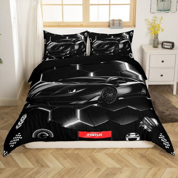 Black Sports Car Comforter Cover King Size Teen Men Neon Honeycomb Race Car Duvet Cover Extreme Racing Games Bedding Set Helmet Wheel Checkered Flag Quilt Cover Room Decor