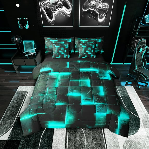 Black and Teal Bedding Twin Size 7pcs Modern Abstract Comforter Set, 3D Glowing Plaid Bedding Comforter Sets Gradient Grid Bed in a Bag, Neon Square Bedding Accessories