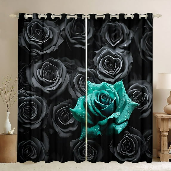 Erosebridal Black Teal Rose Curtains & Drapes Romantic Flowers Curtains Blackout,3D Roses Window Curtains for Women,Couple Wedding Valentines Day Bedroom Decor Floral Curtains