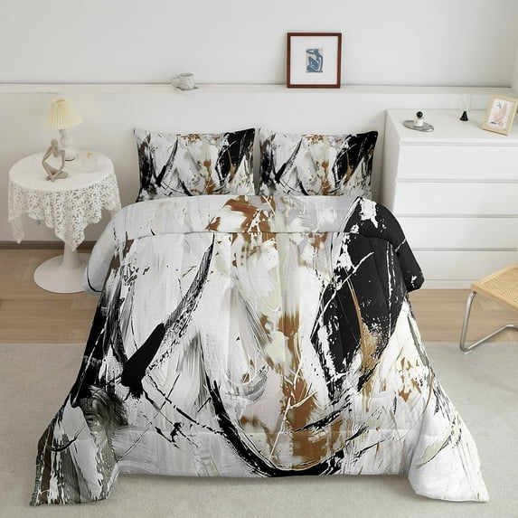 Erosebridal Black White Brown Comforter Set Abstract King Bedding Sets For Teen Adults Men,Grunge Graffiti Bedding Comforter Sets Modern Oil Painting Artwork Bed Duvet Set 2 Pillow Cases