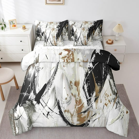 Black White Brown Comforter Set Abstract Twin Bedding Sets With Sheets Pillow Covers,Grunge Graffiti Bed In A Bag 7 Piece Modern Oil Painting Artwork Reversible Bed Set