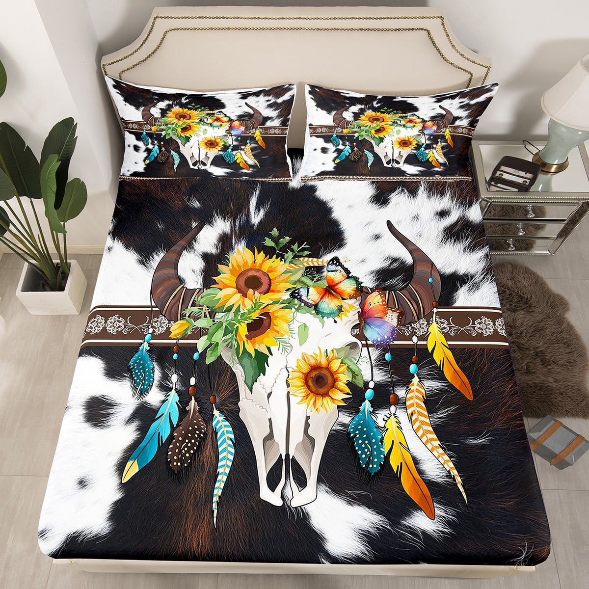 YST Black White Cowhide Fitted Sheet Sugar Skull Western Bed Sheets