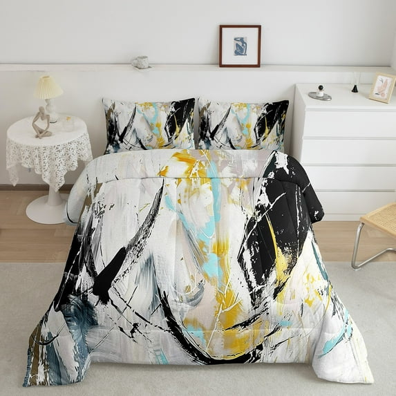 Black White Gold Comforter Set Queen Abstract Graffiti Down Comforter Retro Oil Painting Artwork Bedding Set Adults Modern Fashion Quilt Duvet Soft Lightweight For All Season