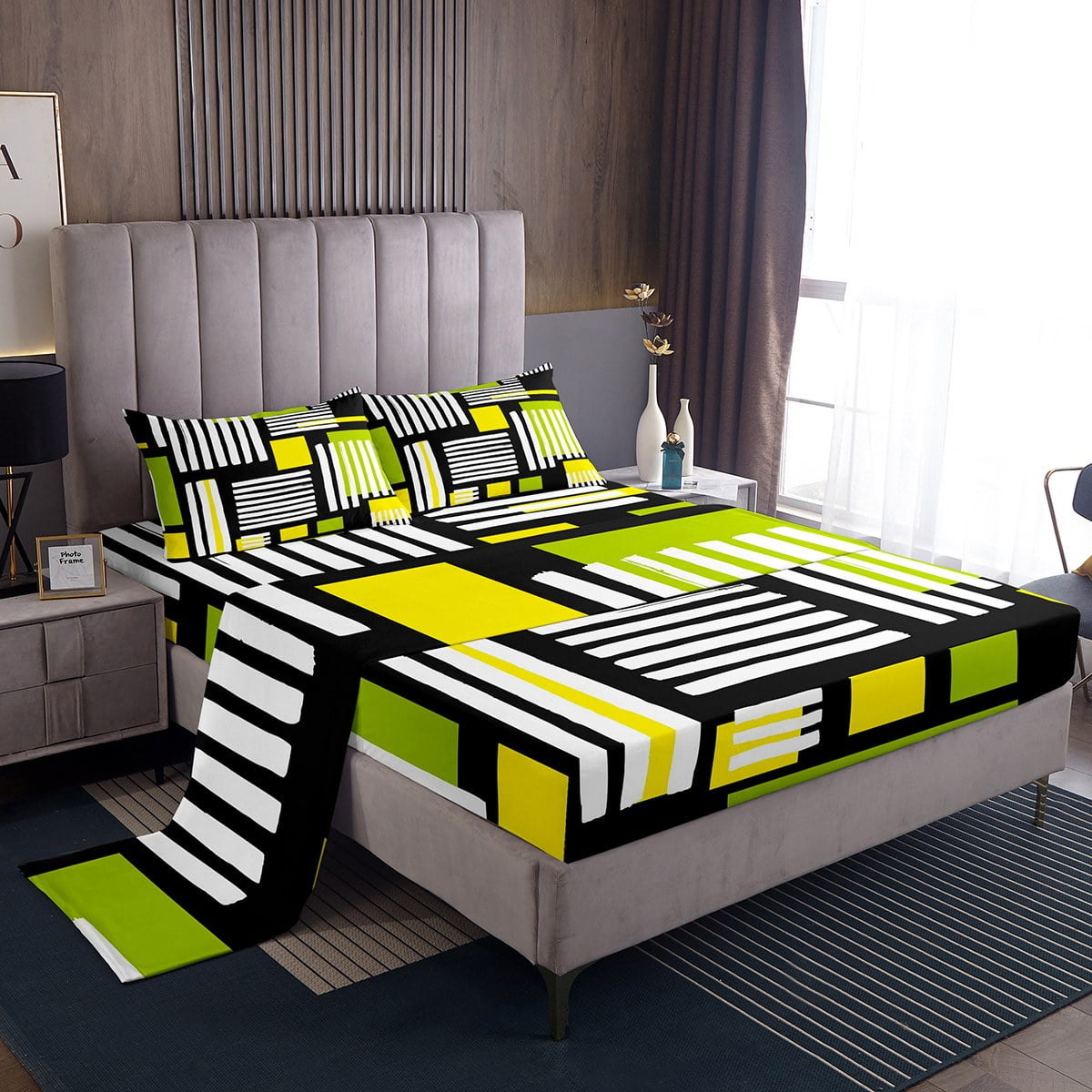YST Black White Green Yellow Bed Sheets Set Modern Aesthetic Queen Size Sheet Sets, Geometric