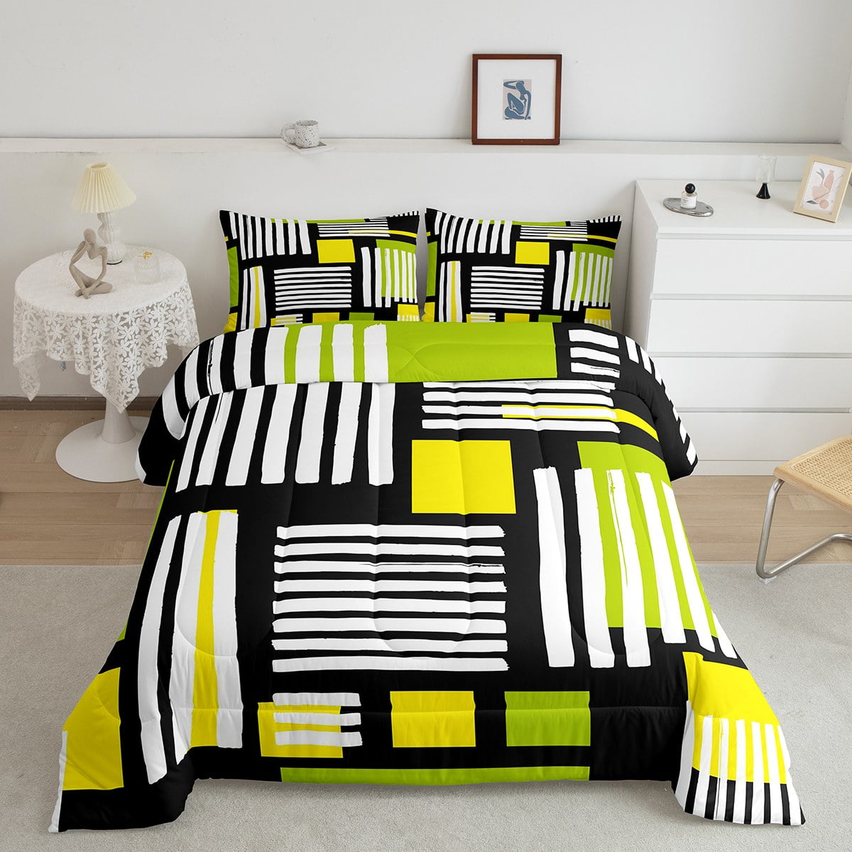 YST Black White Green Yellow Comforter Full Modern Aesthetic Bedding Set, Geometric Striped Down