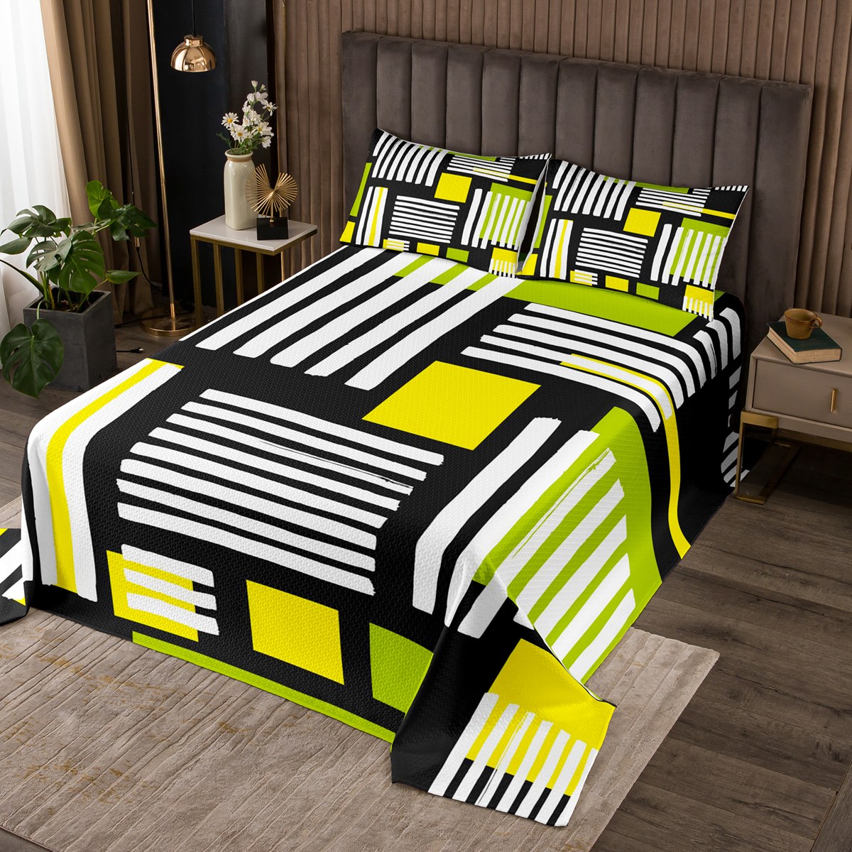 YST Black White Green Yellow Twin Quilt Set Modern Aesthetic Coverlet