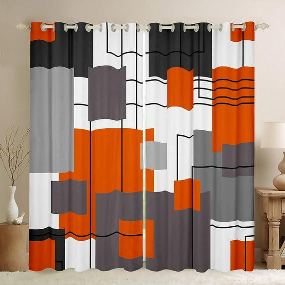 Erosebridal Black White Grey Orange Blackout Curtains 42"Wx63"L Geometric Square Window Curtains For Teen Bedroom Geometry Striped Window Curtains Modern Abstract Window Treatments 2 Panels