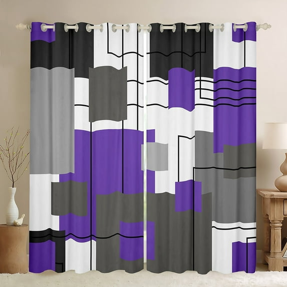 Black White Grey Purple 30%-50% Blackout Curtains 38"Wx45"L Geometric Square Window Curtains Bedroom Modern Geometry Stripes Window Curtains Abstract Window Treatments 2 Panels