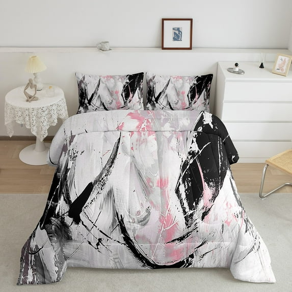 Erosebridal Black White Pink Comforter Set Twin Abstract Graffiti Bedding Set Grunge Oil Painting Artwork Bedding Comforter Sets Modern Aesthetics Bed Set Fashion Room Decor