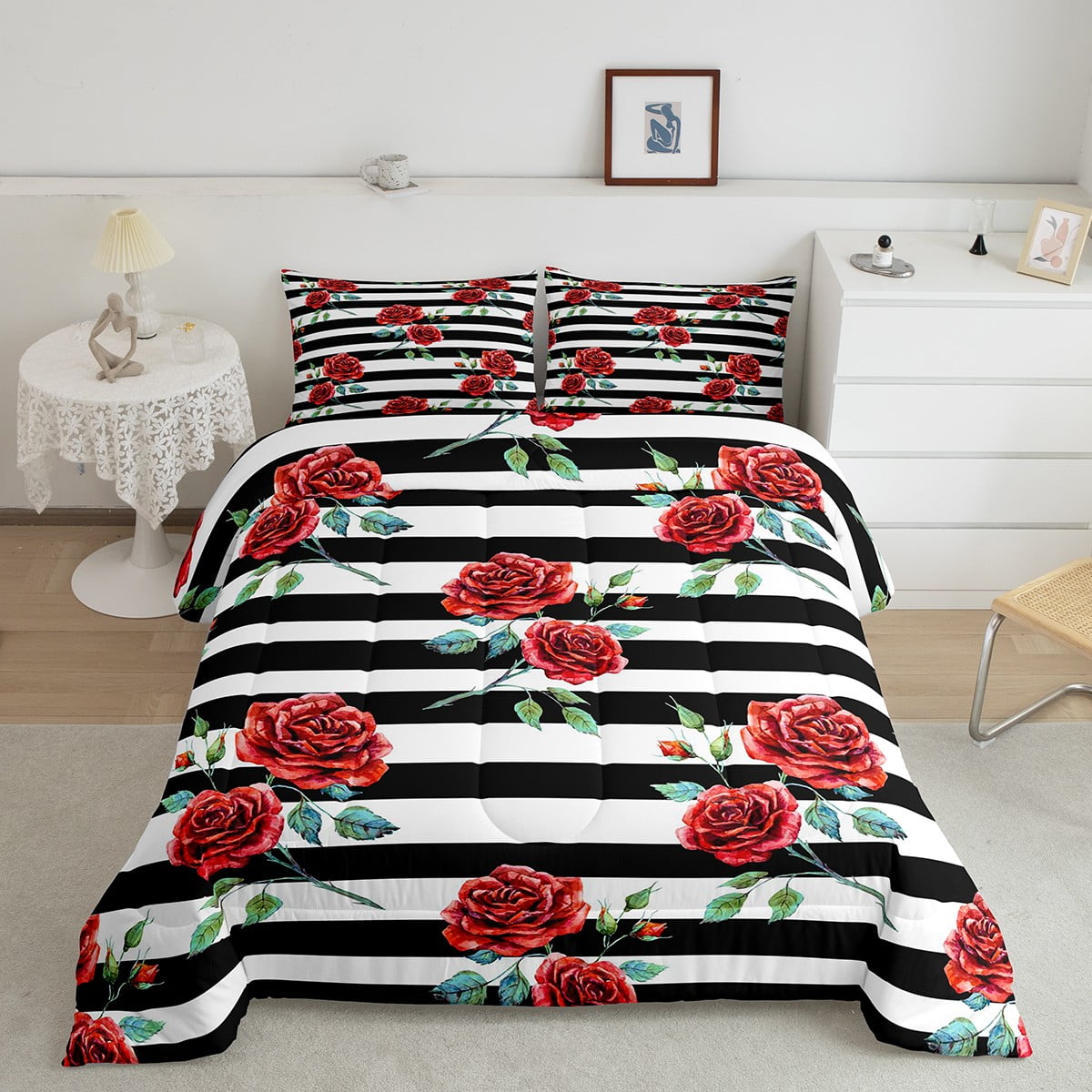 YST Black White Stripe Comforter Set Queen Red Rose Bedding Set