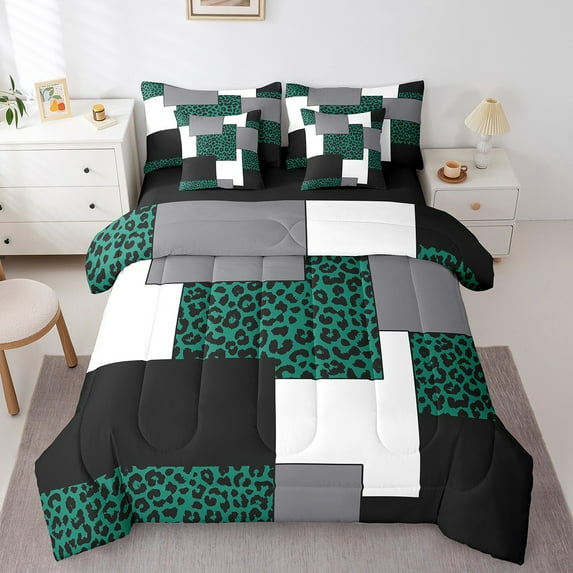 Erosebridal Black and White Striped 7 Pcs Comforter Set,Pine Green Cheetah Bed in A Bag Queen,Modern Style Bedding Sets,Abstract Reversible Bed Sets with Sheet Set
