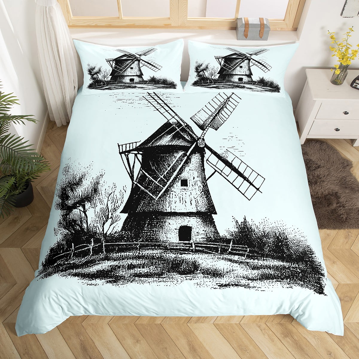 YST Black Windmill Bedding Sets Twin Farm Style Comforter Cover, Sketch
