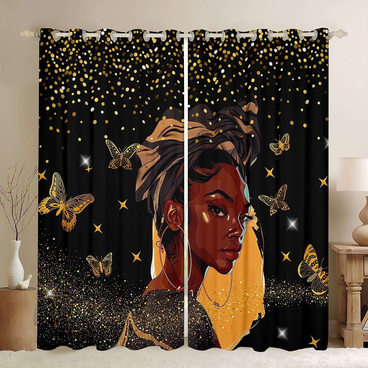 Erosebridal Black Women Curtains & Drapes for Teen Chic Butterfly Blackout Curtains, Black Gold Curtains Magical Black Black Out Curtains, Golden Glitter Window Drapes