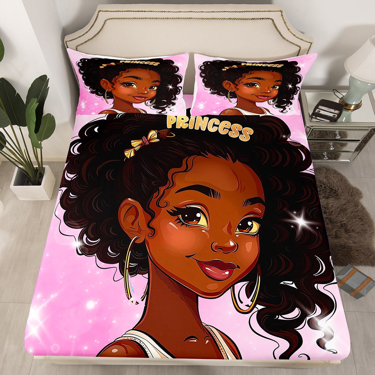 YST Black Women Full Sheets Melanin Princess Bed Sheets, Aesthetic Pink