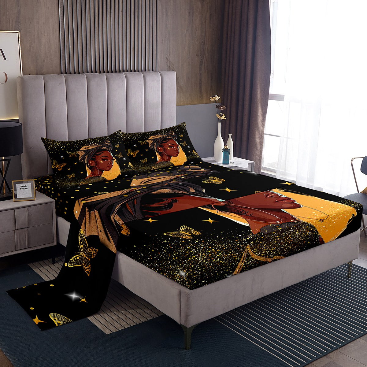 YST Black Women Full Sheets for Teen Girls Chic Butterfly Bed Set