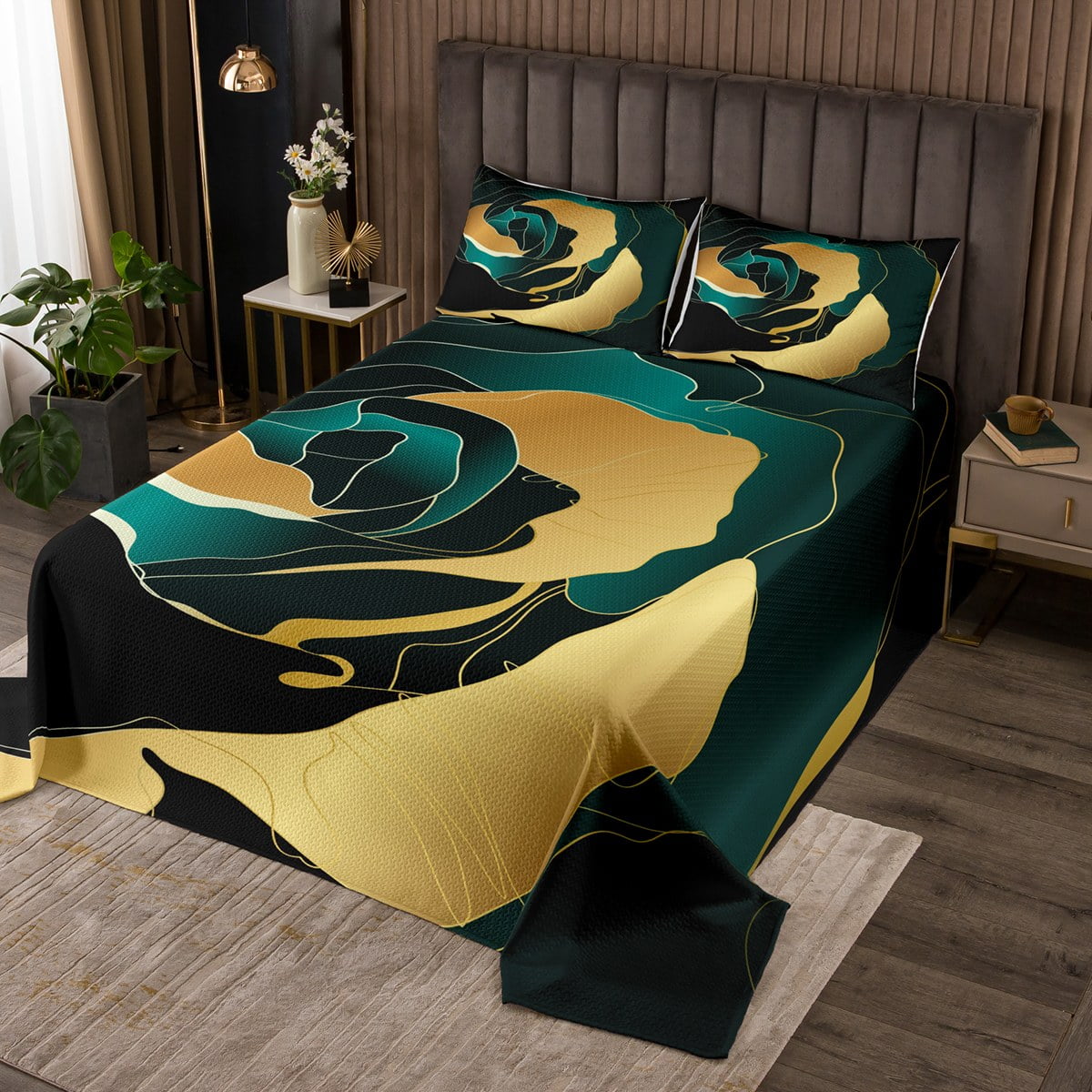 YST Blackish Green Gold Bedspread Queen Size Boho Minimalist Quilt Set