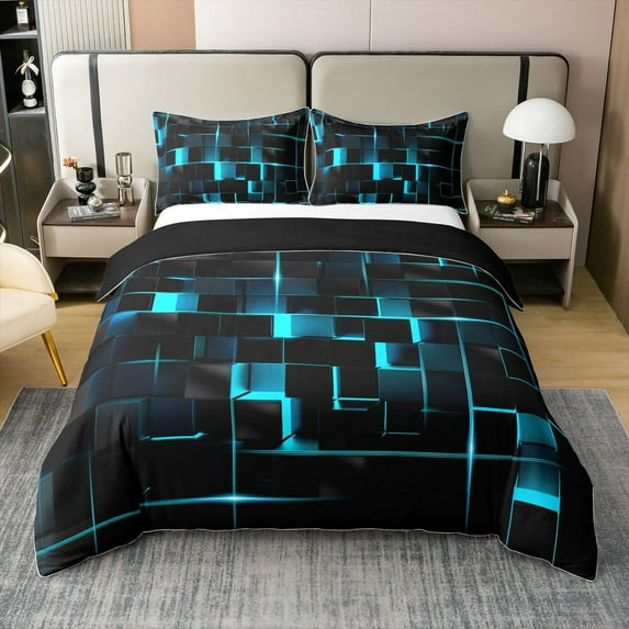 Erosebridal Blue Black Geometric 100% Cotton Comforter Cover King Size, Stereoscopic Square Duvet Cover Teens Adult, Glowing Neon Geometry Bedding Set Modern Geometry Grid Quilt Cover