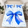 thumbnail image 1 of Blue Bow Bedding Set Teen,Bowknot Bed Sheets Cute Bow Tie Fitted Sheet Queen Size Watercolor Flower Plant Sheets Room Decor 2 Pillow Cases, 1 of 5