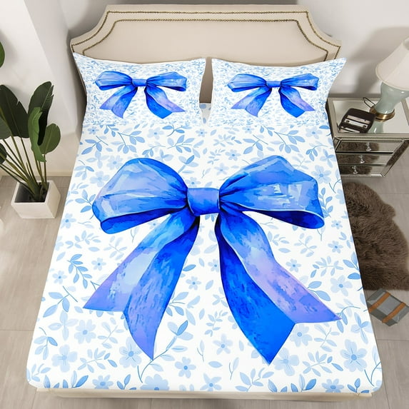 Blue Bow Bedding Set Teen,Bowknot Bed Sheets Cute Bow Tie Fitted Sheet Queen Size Watercolor Flower Plant Sheets Room Decor 2 Pillow Cases