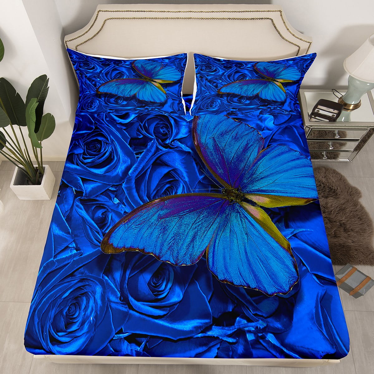 YST Blue Butterfly Bed Sheets Chic Rose Fitted Sheet Queen Size