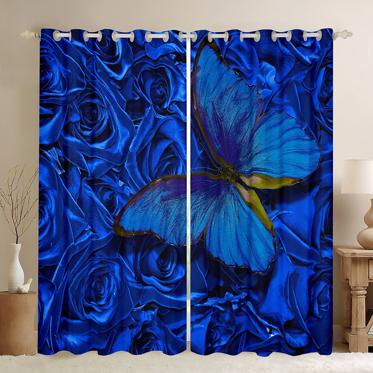 YST Blue Butterfly Blackout Curtains Chic Rose Curtains, Romantic
