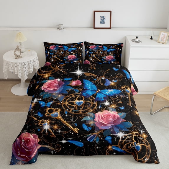 Blue Butterfly Comforter Set Pink Rose Floral Bedding Set Twin For Teen Women Romantic Starry Sky Stars Flowers Down Comforter Boho Exotic Quilt Duvet Bedroom Decor