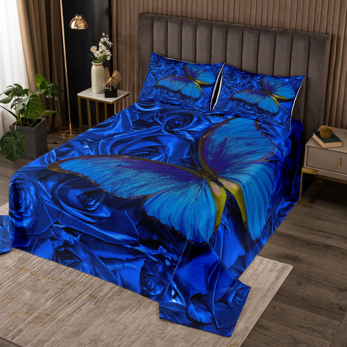 YST Blue Butterfly Coverlet Queen Size Chic Rose Bedding Set, Romantic