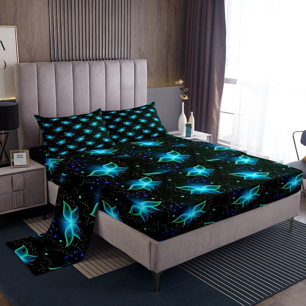 YST Blue Butterfly King Sheets Teal Neon Lights Bed Set, Psychedelic