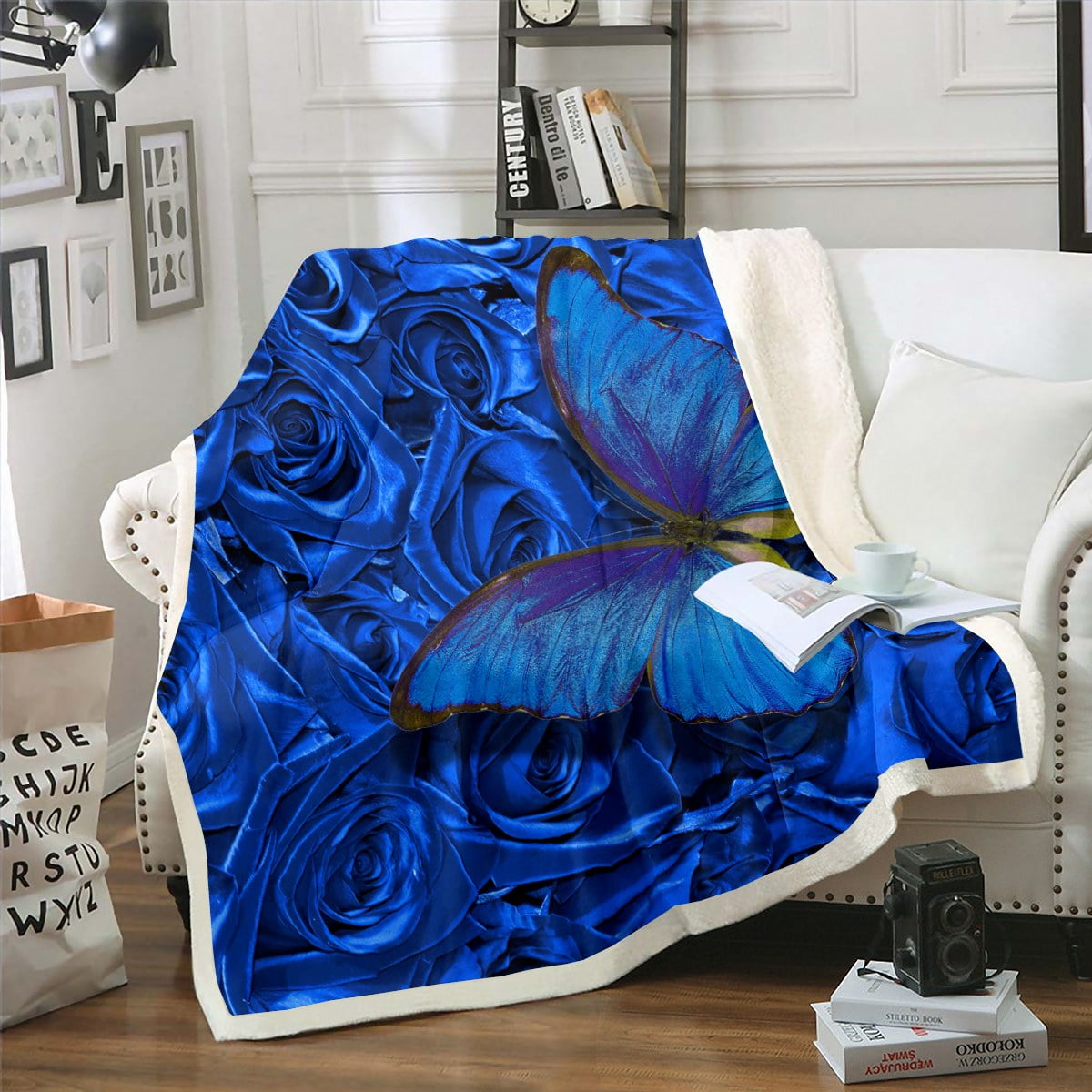 YST Blue Butterfly Sherpa Blanket Chic Rose Fleece Blanket, Romantic