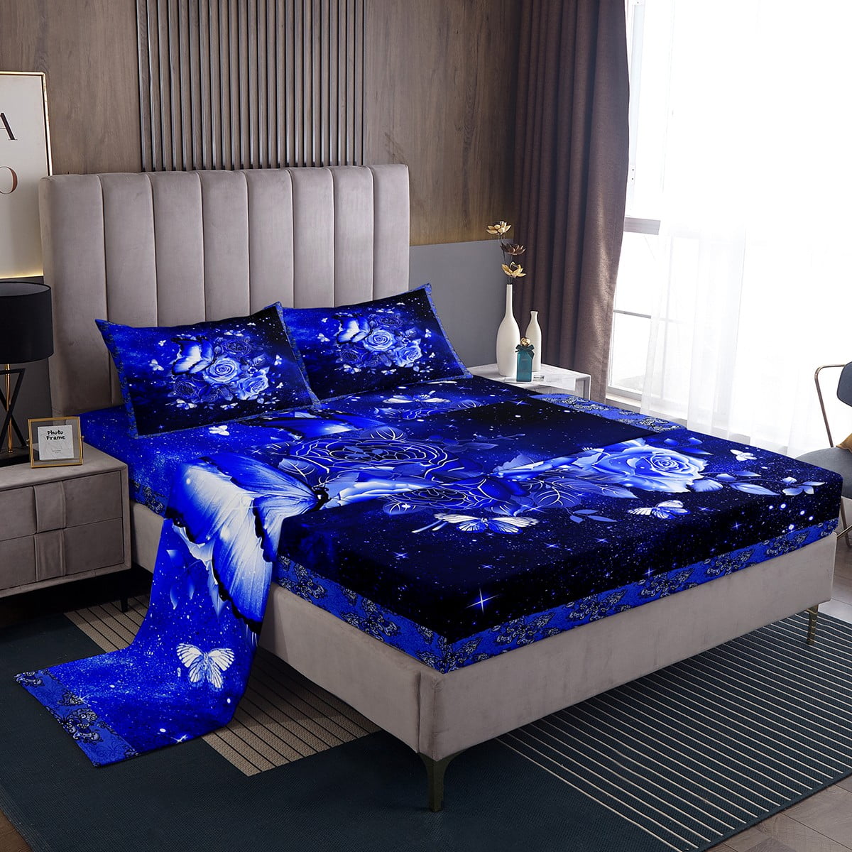 YST Blue Butterfly Twin Sheet Set For Girls,Galaxy Blue Rose Bed Sheets For Teen Women,Glitter