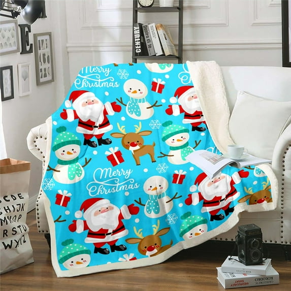 Blue Christmas Holiday Throw Blanket Throw 50"X60" Cute Snowman Sherpa Blanket Warm Soft,Christmas Santa Claus Fleece Blanket Holiday New Year Fuzzy Blanket For Bed Couch