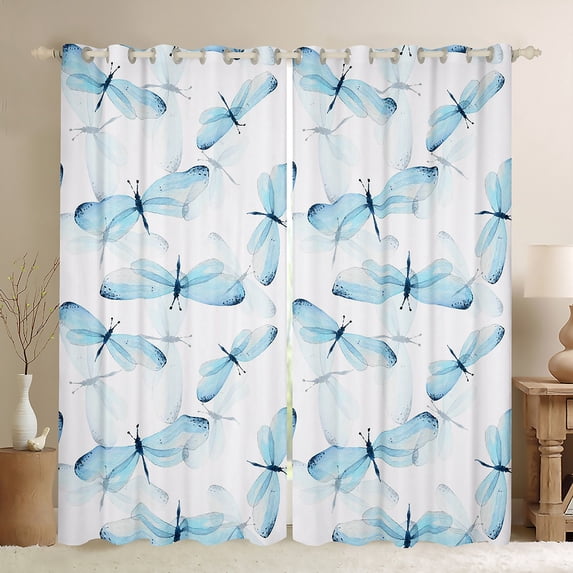 Erosebridal Blue Dragonfly Curtains & Drapes Watercolor Animal Blackout Curtains, Cute Kawaii Curtains White Blue Black Out Curtains, Wild Animal Theme Window Drapes