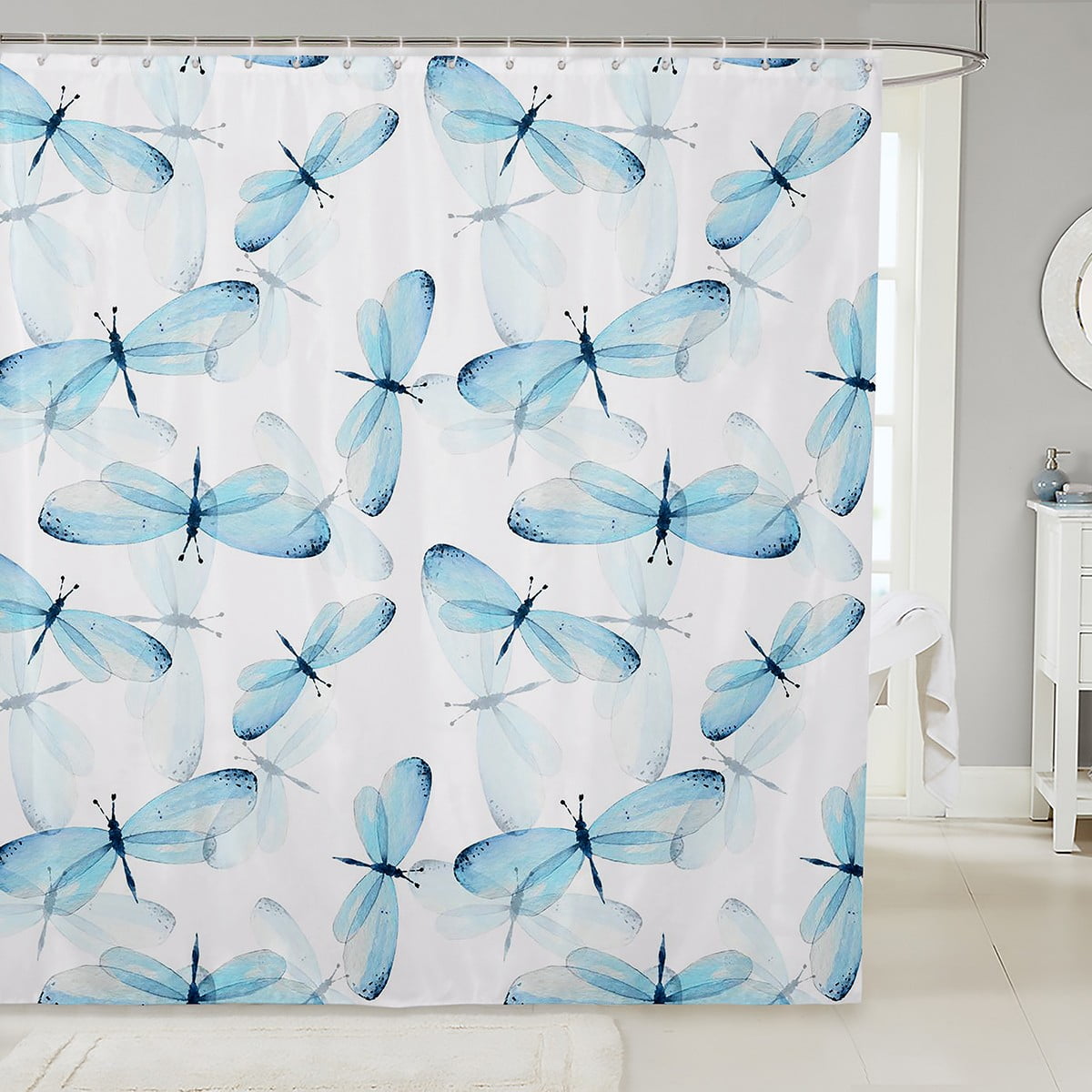 YST Blue Dragonfly Waterproof Bathroom Curtain Watercolor Animal Bath