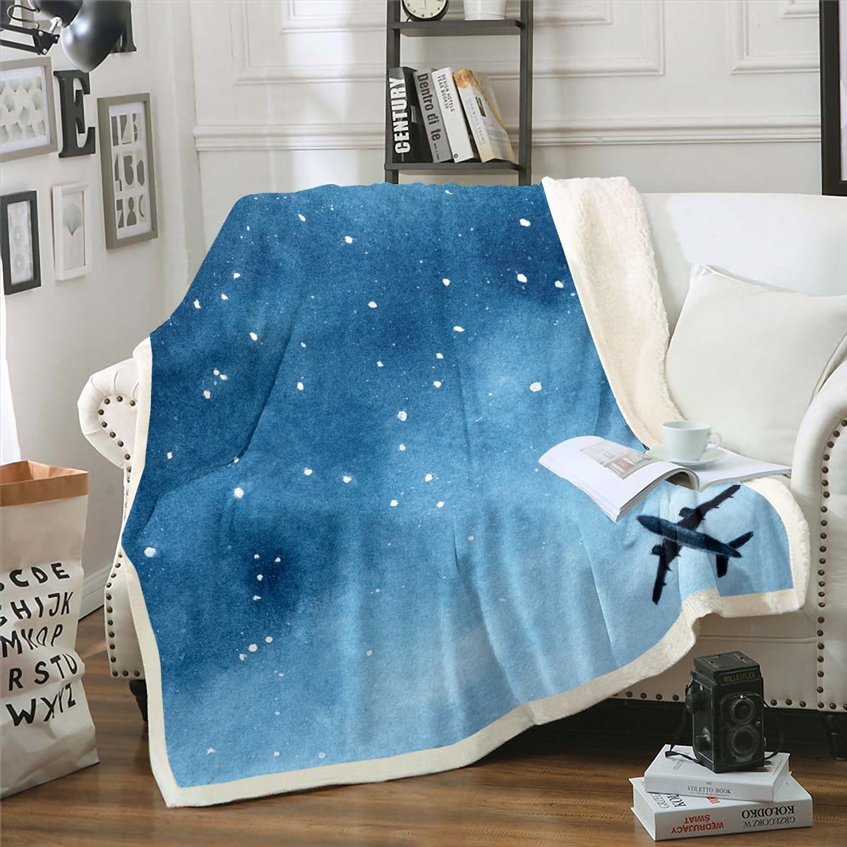YST Blue Galaxy Sherpa Blanket Aircraft Blanket for Kids Boys Girls