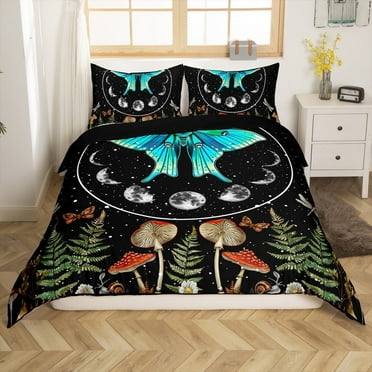 Blue Gothic Moth Duvet Cover, Bohemian Trippy Mushroom Bedding Sets Queen Moon Phase Comforter Cover Dragonfly Butterfly Bedding, Psychedelic Galaxy Glitter Stars Quilt Cover, 3 Pieces (No Comforter)