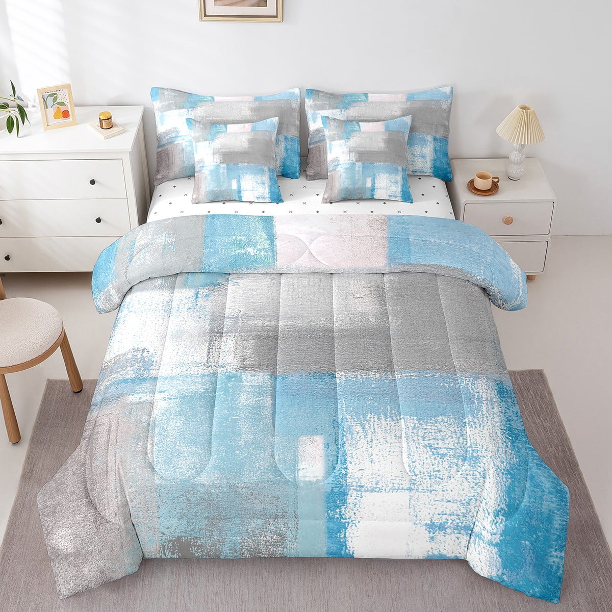 YST Blue Grey Comforter Set Queen,Contemporary Ombre Bedding Set for