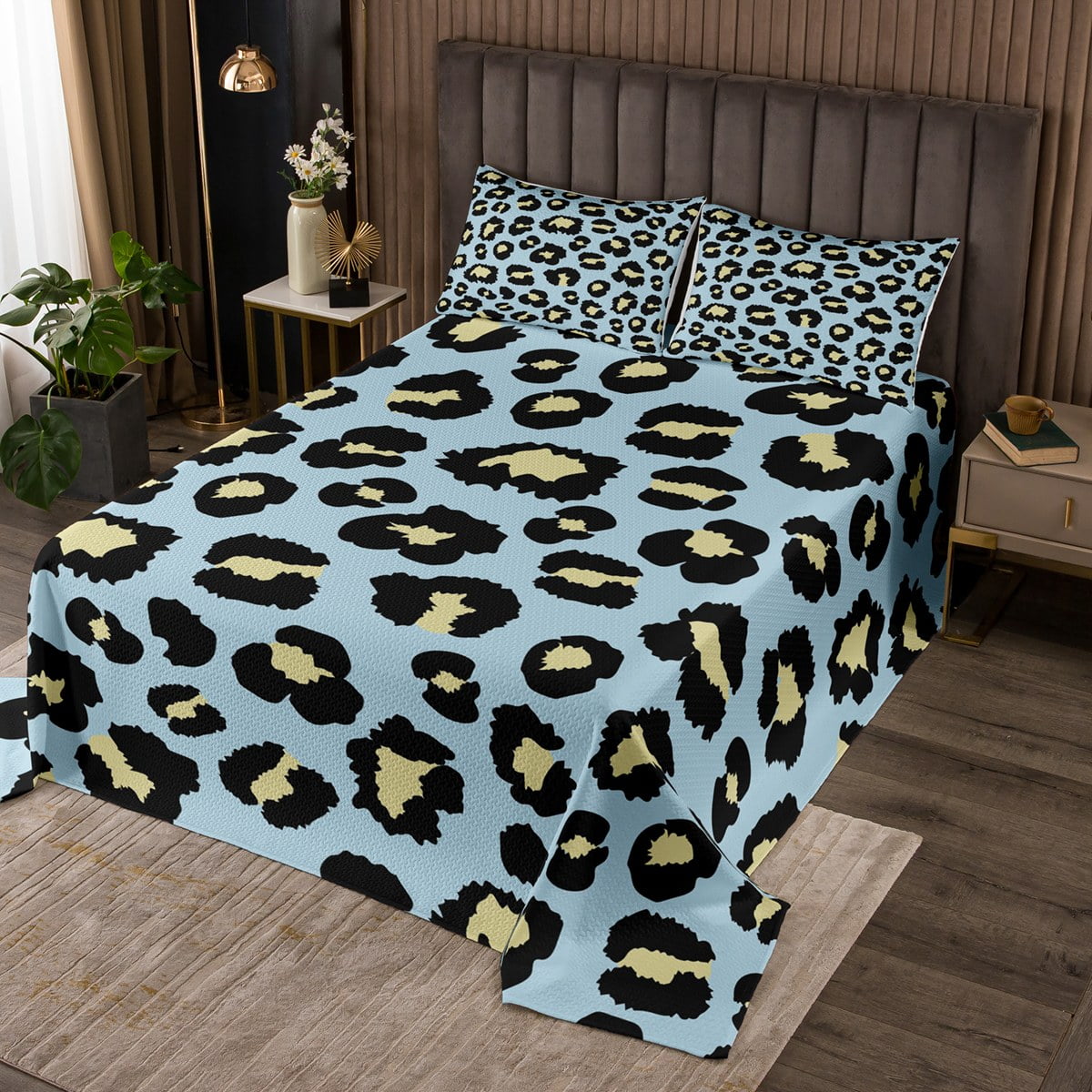 YST Blue Leopard Print Bedspread Queen Size Beige Animal Printed Quilt