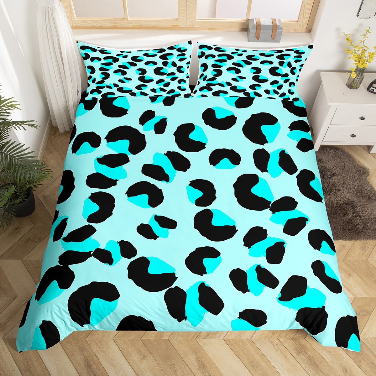 YST Blue Leopard Print Comforter Cover Cheetah Print Bed Set, Wild