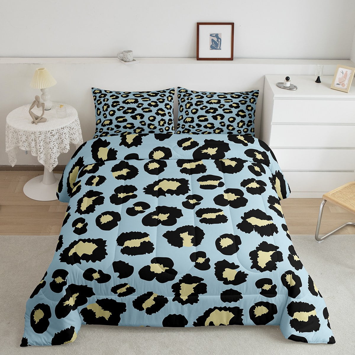 YST Blue Leopard Print Comforter Set Queen Beige Animal Printed Bedding ...