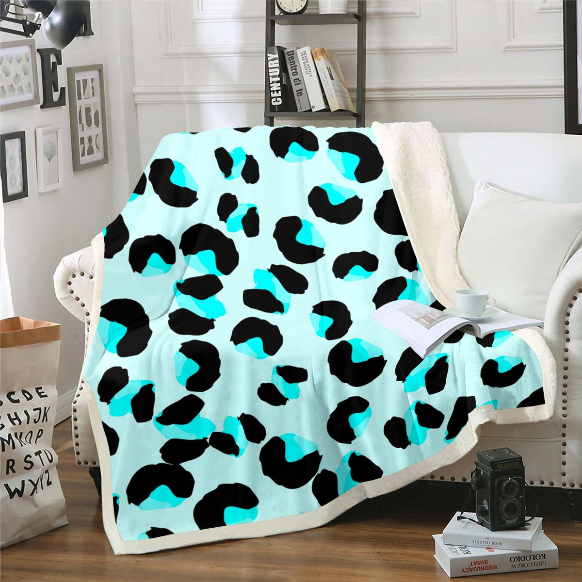 YST Blue Leopard Print Throw Blanket for Couch Cheetah Print Fleece