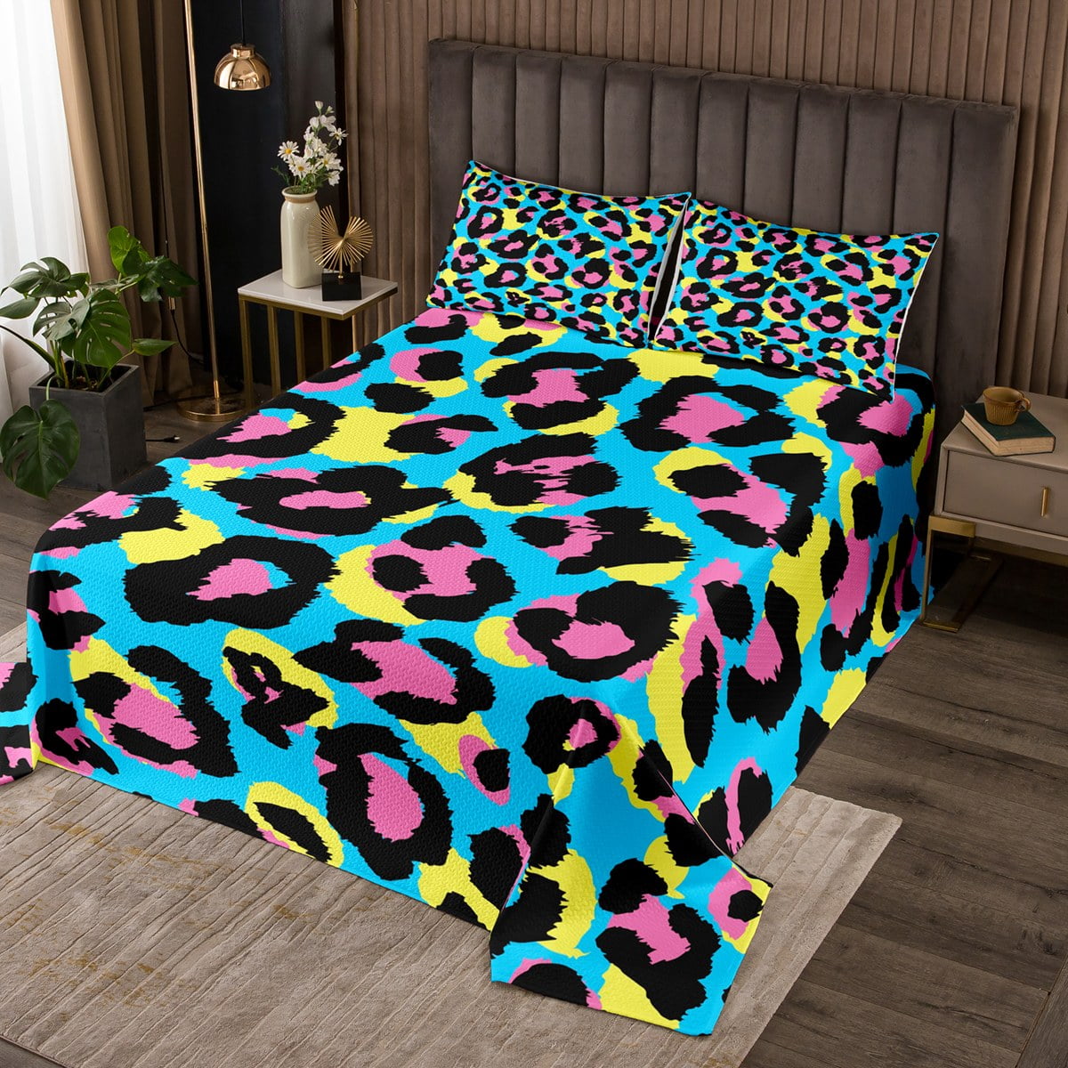 YST Blue Leopard Print Twin Quilt Set Pink Animal Printed Coverlet Set