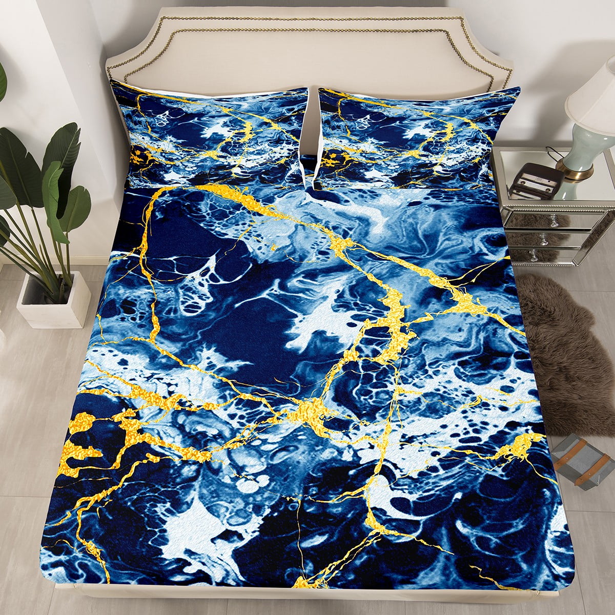 YST Blue Marble Bed Sheets 3 Pieces Microfiber Soft Gold Foil Bedding