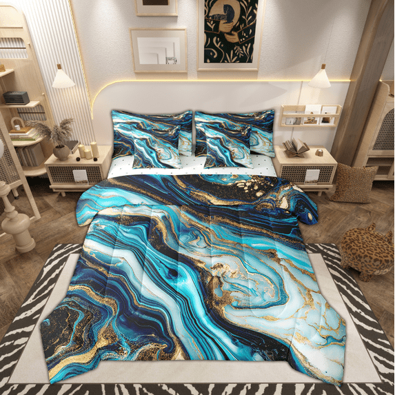 Blue Marble Bedding Queen Size 7pcs Teal Marbling Comforter Set, Abstract Aesthetic Bedding Comforter Sets Watercolor Stone Pattern Bed in a Bag, Gold Metallic Sequins Bedding Accessories