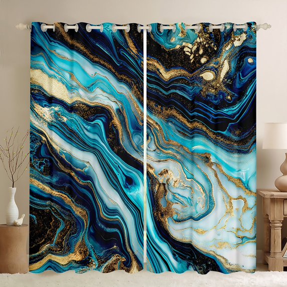 Blue Marble Curtains Teal Marbling Curtains & Drapes, Abstract Aesthetic 30%-50% Blackout Curtains Watercolor Stone Pattern Bedroom Curtains, Gold Metallic Sequins Window Treatments