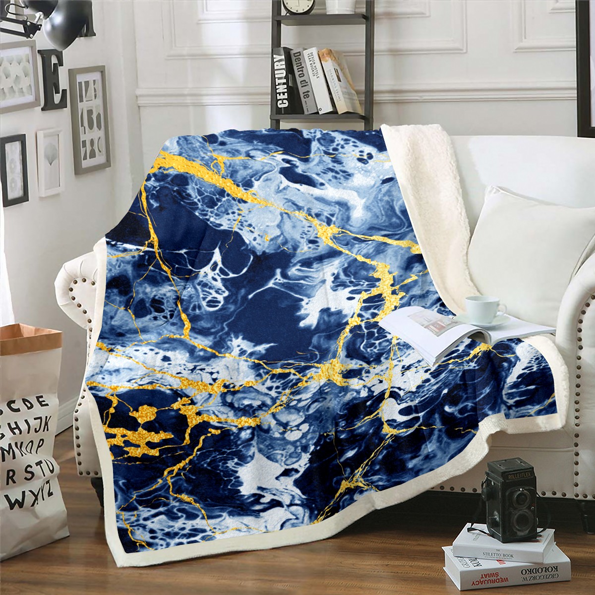 Golden Powder Blue Marble Blanket