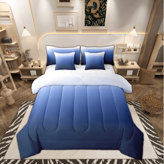 Blue Ombre Bed in a Bag 7 Pcs,Ocean Sea Bedding Set Full Size,Blue White Gradient Down Comforter,Watercolor Fitted Sheet,Soft Warm Lightweight,Modern Abstract Art Room Decor Duvet Set